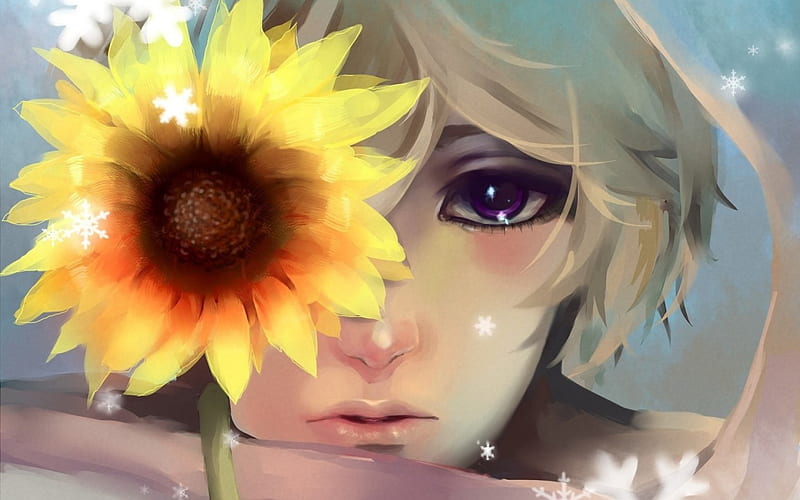 beautiful sunflower anime girl, clouds, krenz cushart, | Stable Diffusion