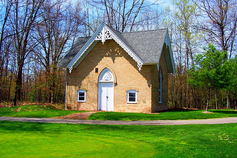 Mini Church, mini, little, brick, grass, quaint, church, trees, small, HD wallpaper