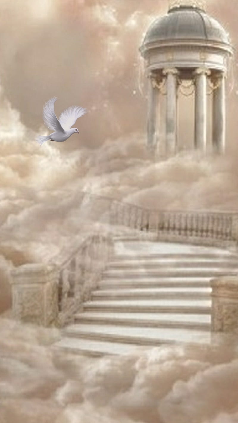 Image of a stairway to heaven with angels and a cross