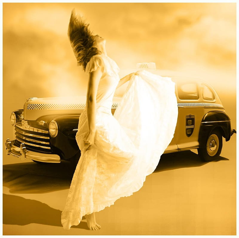 A Night out, sepia, gown, wind, sky, fantast, girl, taxi, car, night, HD wallpaper