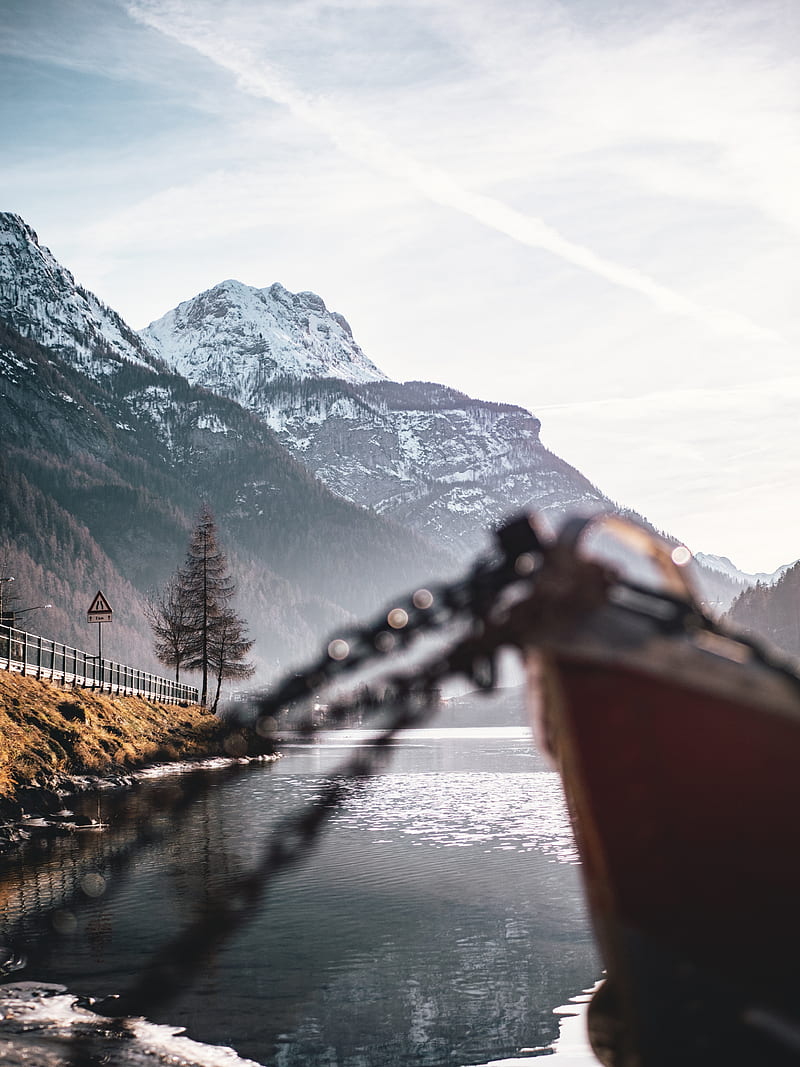 mountains, lake, shore, boat, landscape, HD phone wallpaper