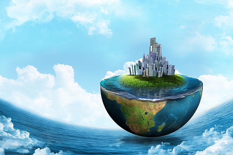 Fantasy world, cloud, creative, sky, sea, fantasy, water, white, earth, blue, HD wallpaper