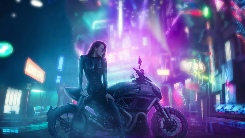 Cyberpunk Girl With Ducati 4K HD Vaporwave Wallpapers