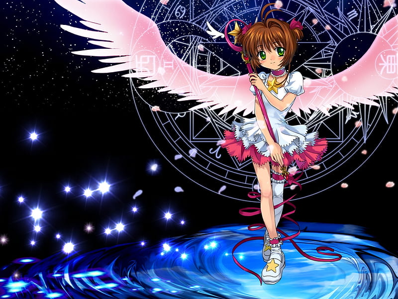 Kinomoto Sakura, stars, sakura, wings, dress, happy, cute, card captor sakura, petals, shiny, HD wallpaper