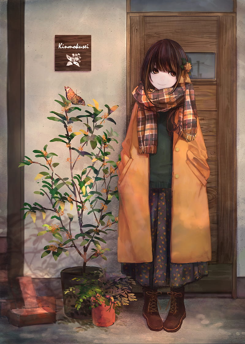 anime girl, scarf, coat, slice of life, door, flower, brown hair, Anime, HD phone wallpaper