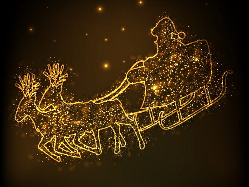 Merry Christmas, christmas eve, pretty, lovely, christmas, golden, bonito, magic, xmas, santa claus, cute, santa, magic christmas, beauty, reindeer, sledge, HD wallpaper