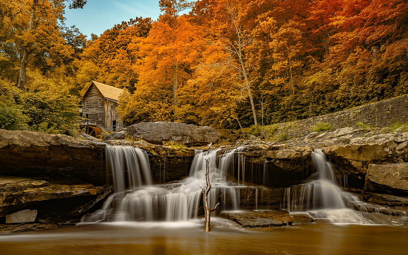 waterfall, autumn, river, autumn landscape, Glade Creek Grist Mill, New River Gorge Bridge, West Virginia, USA, HD wallpaper