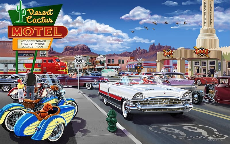 Route 66, artwork, painting, city, cars, clouds, street, sky, houses, train, HD wallpaper