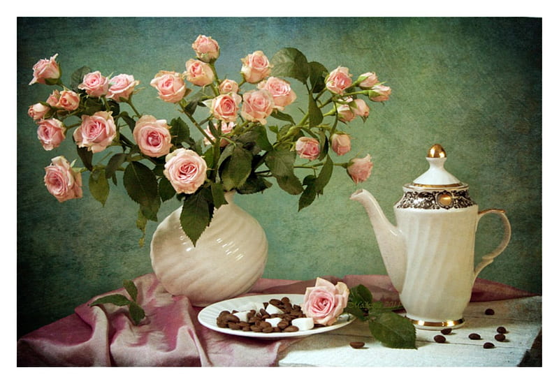 Roses and coffee, table, sugar, vase, pot, roses, coffee beans, pink roses, still life, graphy, flowers, plate, beauty, HD wallpaper