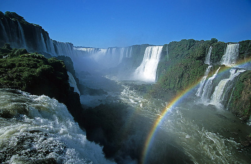 iguazu falls, mountain, water, nature, rainbow, trees, sky, waterfalls, HD wallpaper
