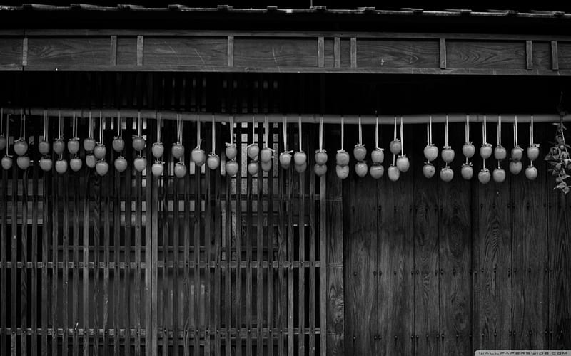 Dried Persimmons, japan, house, monochrome, dried, HD wallpaper