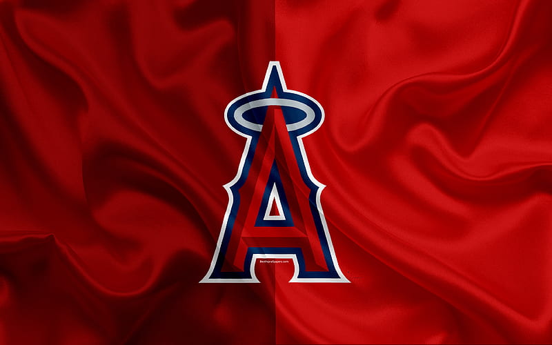 Los Angeles Angels logo, silk texture, american baseball club, green yellow flag, emblem, MLB, Auckland, California, USA, Major League Baseball, HD wallpaper