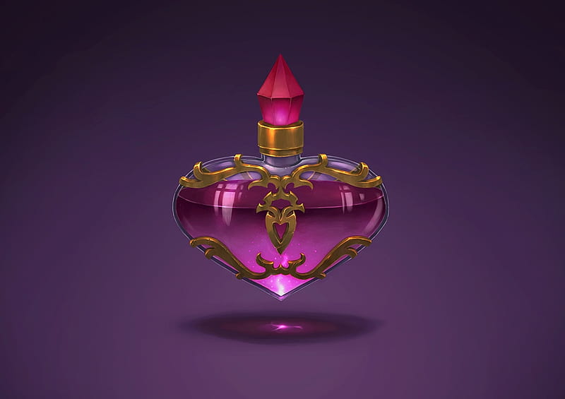 Love potion, purple, luminos, heart, bottle, nadin k, stuff, red, fantasy, pink, HD wallpaper