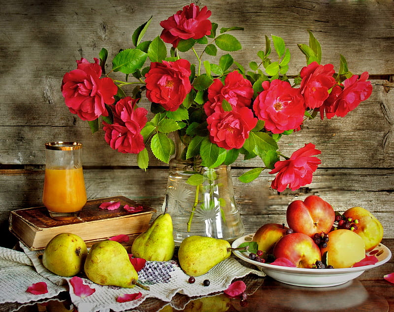 Still life, pretty, fruits, book, vase, bonito, fragrance, leaves, flowers, lovely, juice, apples, scent, roses, pears, bouquet, plate, petals, HD wallpaper