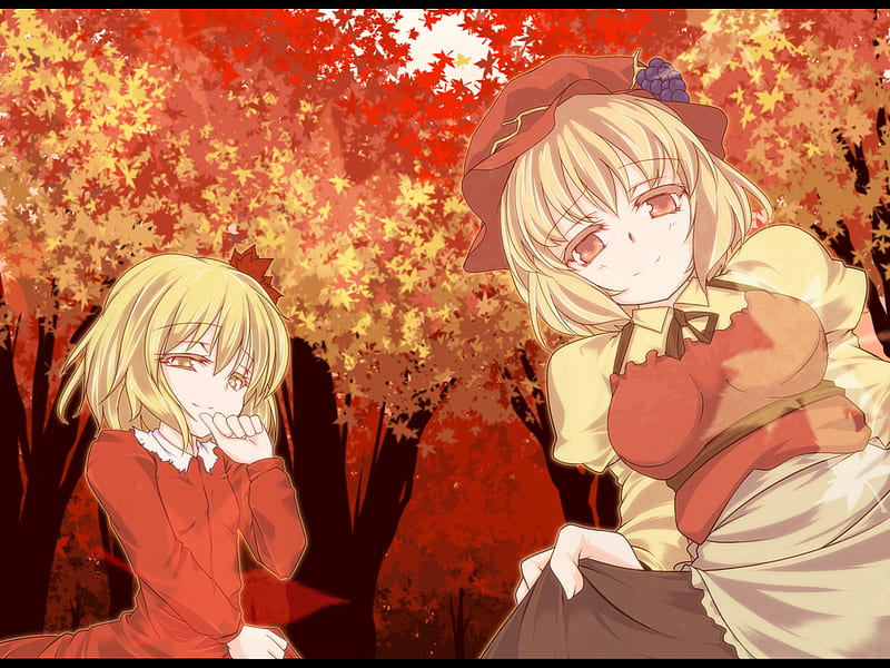 Aki Sisters, Red, Aki Minoriko, Autumn, Orange, Sisters, Bonito, Trees ...