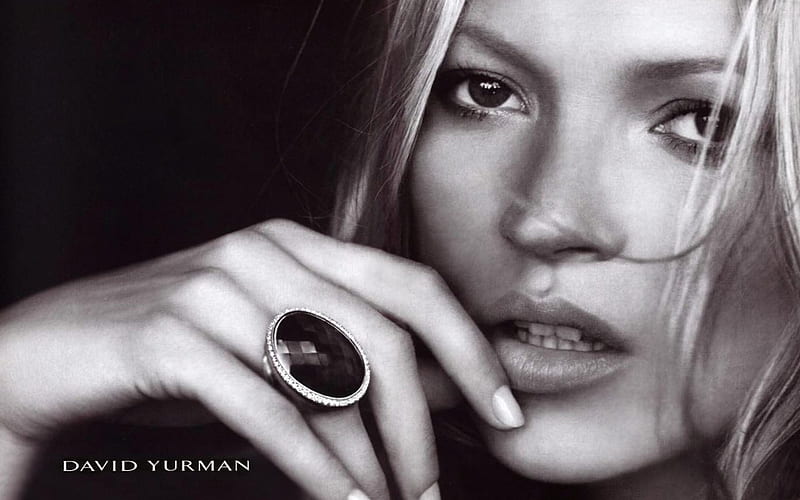Kate Moss for David Yurman, model, david yurman, black and white, beauty, fashion, jewelry, HD wallpaper