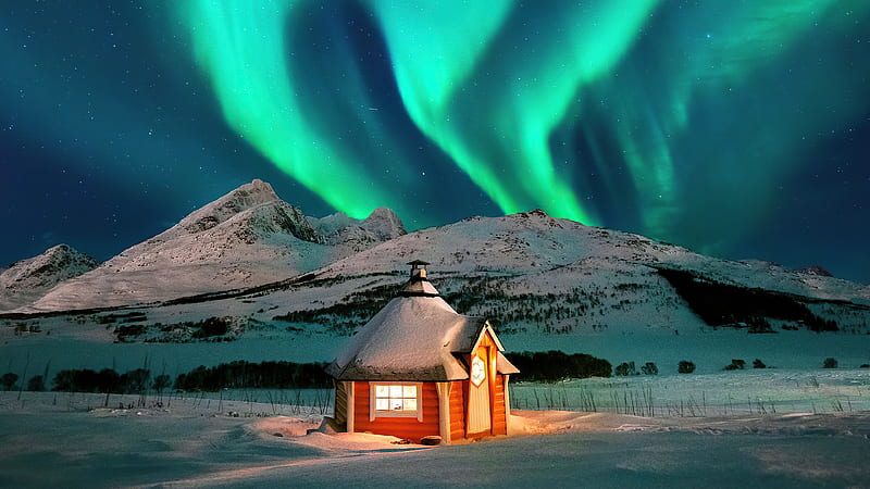 House Near Aurora , northern-lights, nature, aurora, sky, HD wallpaper