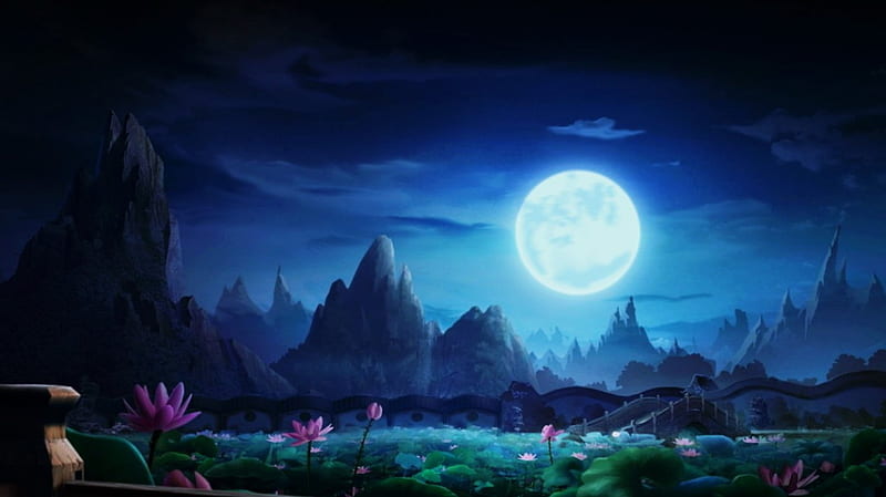 Moonlight over the Lily Pond, pond, lotus, lily, moonlight, night, HD wallpaper