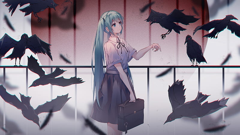 vocaloid, hatsune miku, ravens, school uniform, bird, Anime, HD wallpaper