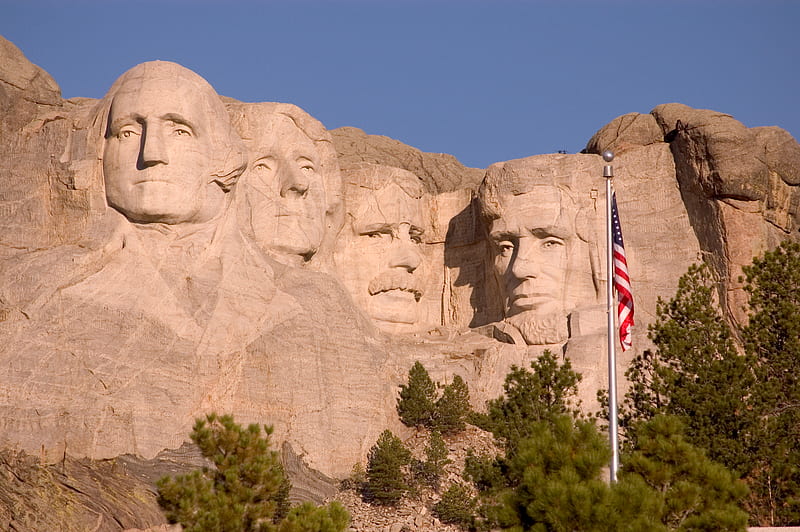 Mt Rushmore w/ Flag, mountains, people, entertainment, nature, other, HD wallpaper