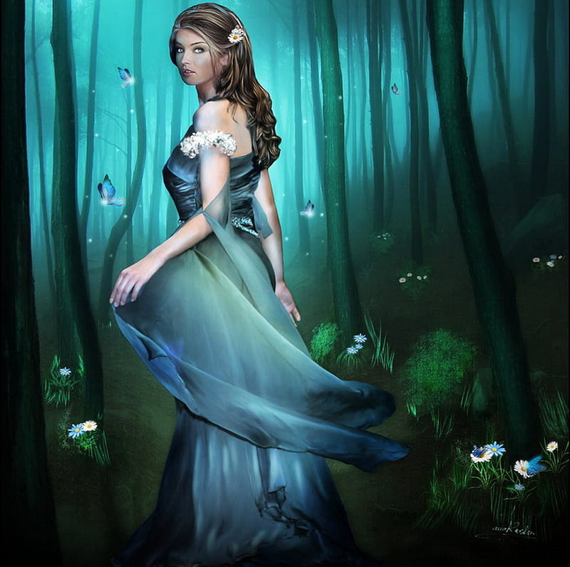 Marguerite, forest, fantasy, girl, beauty, night, HD wallpaper