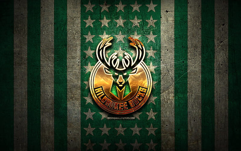 Milwaukee Bucks flag, NBA, green brown metal background, american basketball club, Milwaukee Bucks logo, USA, basketball, golden logo, Milwaukee Bucks, HD wallpaper
