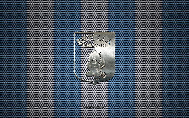 Virtus Entella logo, Italian football club, metal emblem, blue and white metal mesh background, Virtus Entella, Serie B, Chiavari, Italy, football, Entella, HD wallpaper
