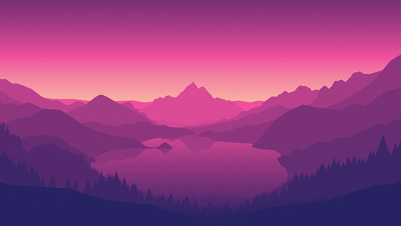 Abstract mountain scene, Mountains, Trees, Pink, Sky, Lake, HD wallpaper