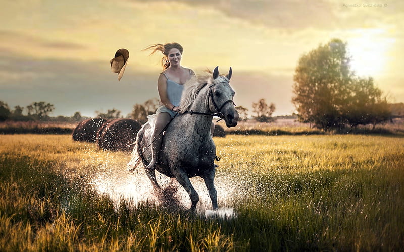 YAHOO!!! Ride 'em Cowgirl, cowgirl, horse, field, hat, HD wallpaper