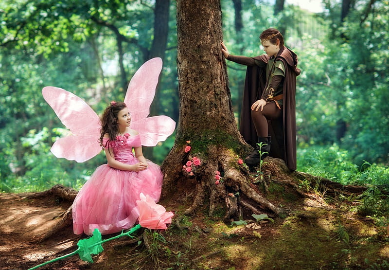 Fairy and knight, fetita, woods, children, fantasy, child, pink, couple ...
