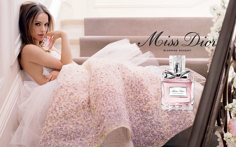 Natalie Portman, dress, bottle, add, girl, actress, commercial, pink, miss dior, HD wallpaper