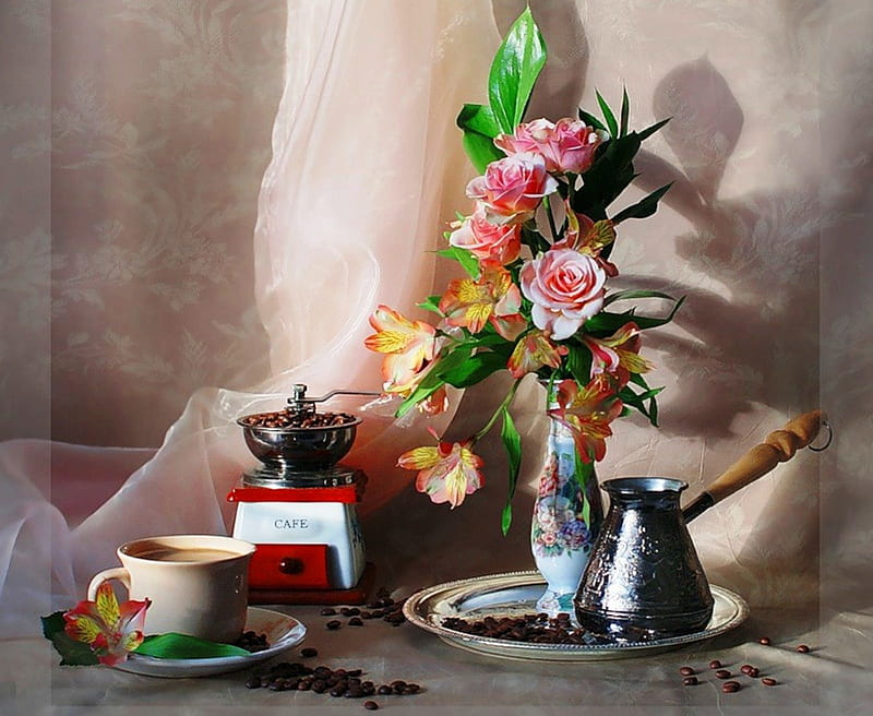 Tasty coffee from morning, vase, aroma, still life, coffee grinder, graphy, flowers, morning, pink, fresh, roses, abstract, coffee beans, coffee, cup, tasty, flavor, kettle, coffee beans fresh, HD wallpaper