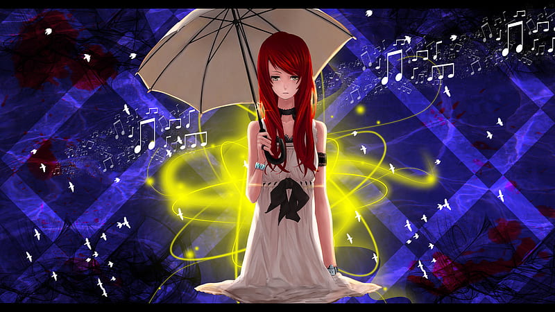 Girl with umbrella, dress, shine, umbrella, wing, animal, anime, bright, neon, hot, anime girl, long hair, blue, female, wings, music, music note, neon light, red hair, sexy, abstract, cute, girl, bird, shining, HD wallpaper