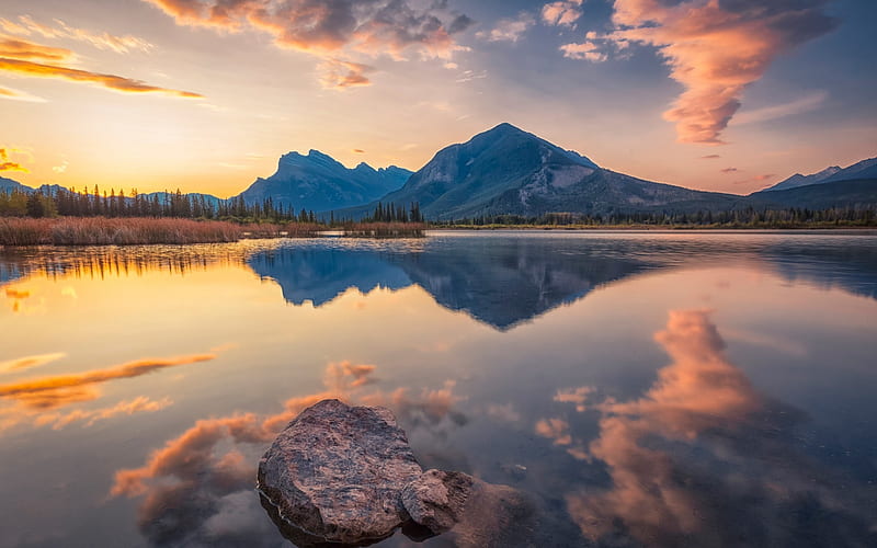 Vermilion Lakes, Canadian Rockies, sunset, beautiful lake, Banff National Park, Canada, Alberta, HD wallpaper