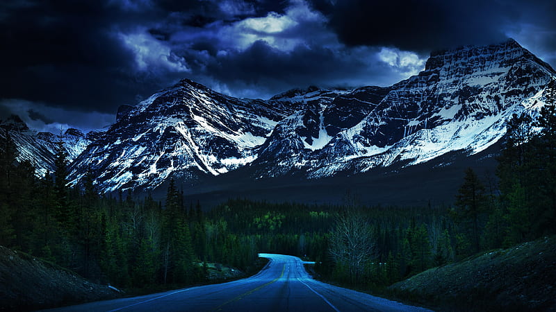 mountains, snow, long road, black sky, Landscape, HD wallpaper
