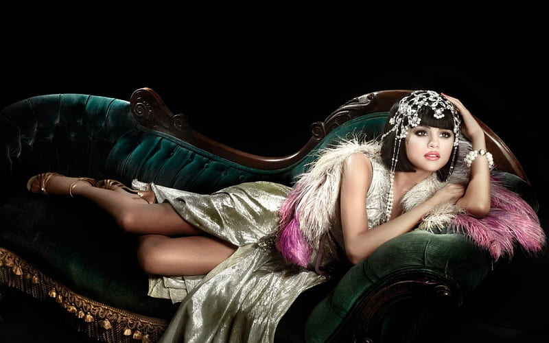 Selena Gomez, model, black, woman, singer, retro, girl, green, actress, feather, white, sofa, pink, HD wallpaper