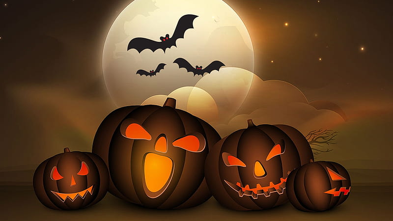 Halloween Scare, pumpkins, Halloween, moon, jack o lanterns, bats, HD