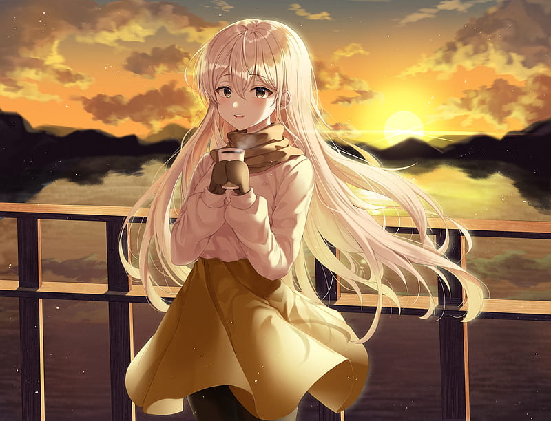 anime girl, white hair, winter, cute smile, sunset, bridge, gloves, cold, Anime, HD wallpaper
