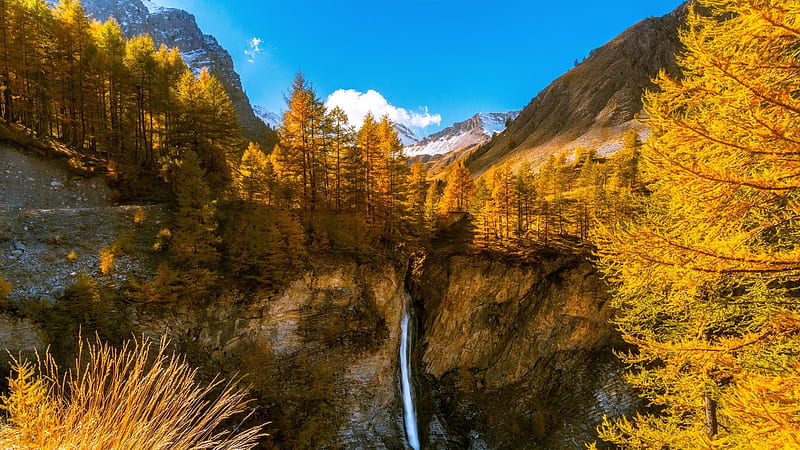 French Alps, mountain, forest, snow, waterfall, nature, trees, alps, HD wallpaper
