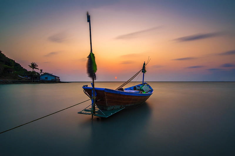 Fishing Boat, sunset, boat, ocean, HD wallpaper