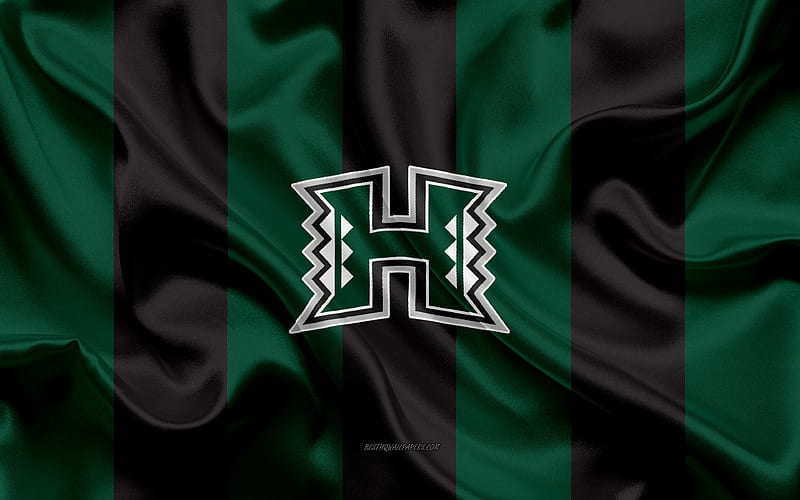 Hawaii Rainbow Warriors, American football team, emblem, silk flag, green black silk texture, NCAA, Hawaii Rainbow Warriors logo, Honolulu, Hawaii, USA, American football, HD wallpaper