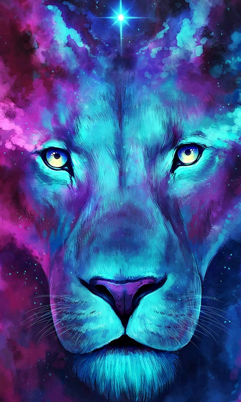 Lion, blue, galaxy, purple, HD phone wallpaper