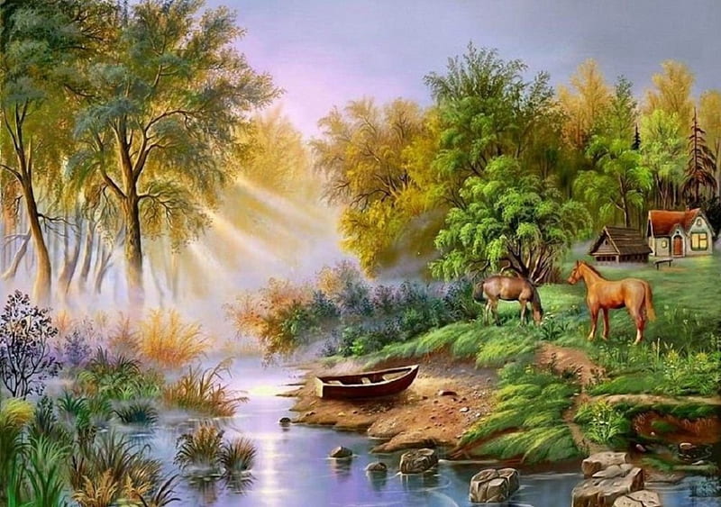River Living, autum, fall, grass, paintings, haze, green, beauty, river, animals, rural, art, country, trees, horses, summer, mellow, nature, HD wallpaper