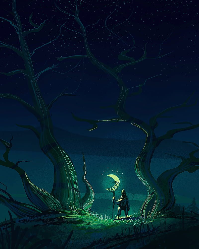 wanderer, moon, glow, night, trees, art, HD phone wallpaper