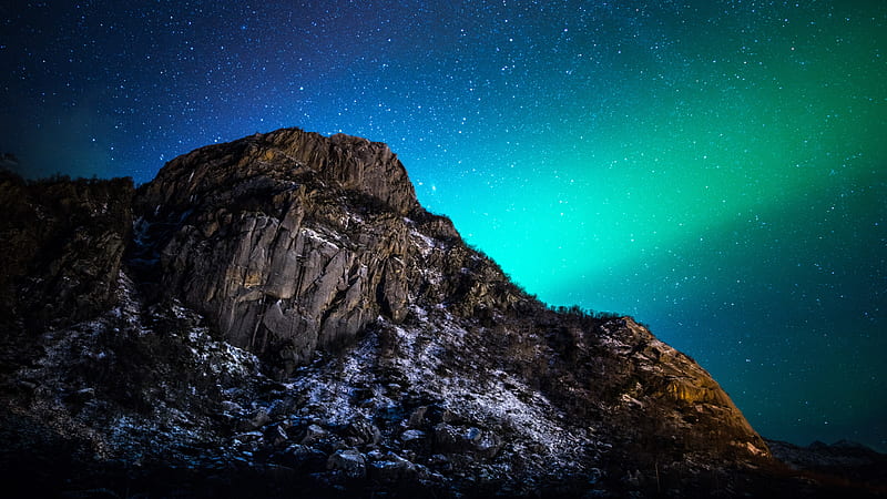 mountain, night, northern lights, starry sky, nature, HD wallpaper