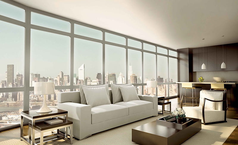Fascinating view , modern wood, furnitures, pic, tables, view, living room, colors, wall, apartment, skyscrapers, windows, colours, fascinating, white, sofa, wooden, HD wallpaper