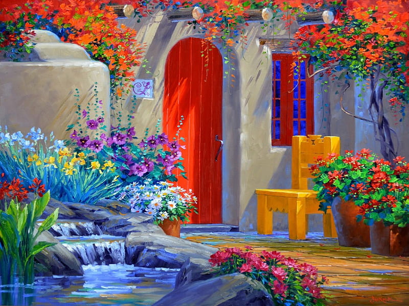 Serene retreat, pretty, art, quiet, house, lovely, bouquets, retreat, bonito, door, arch, paradise, serene, painting, flowers, chair, HD wallpaper
