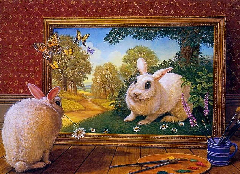 Rabbit With A Painting !!!, rabbit, butterfly, flower, graffiti, abstract, paintbrush, HD wallpaper