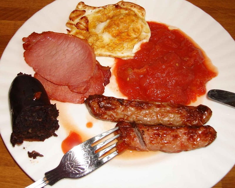 English Breakfast, egg, sausage, bacon, english, black, breakfast, pudding, HD wallpaper