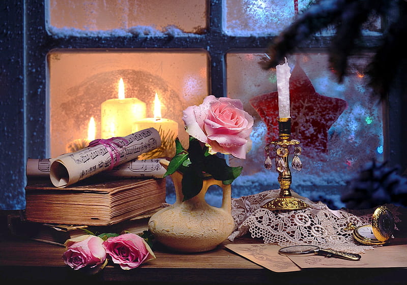 Christmas still life, pretty, books, bonito, still life, flowers, evening, frost, night, candle, window, view, holiday, christmas, roses, winter, snow, ice, frozen, HD wallpaper